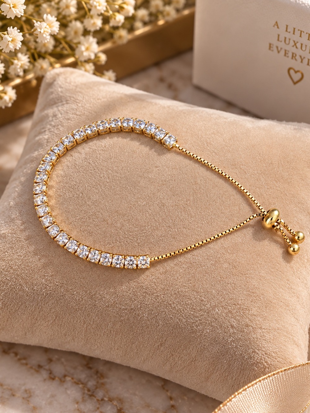 Gold-Tone Adjustable Tennis Bracelet with Clear Stones